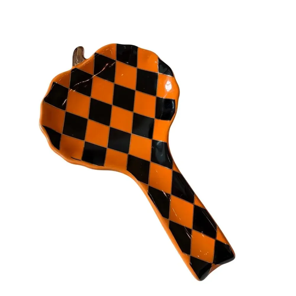 Black & Orange Harlequin Pumpkin Spoon Rest 10in Ceramic Checkered Halloween NEW